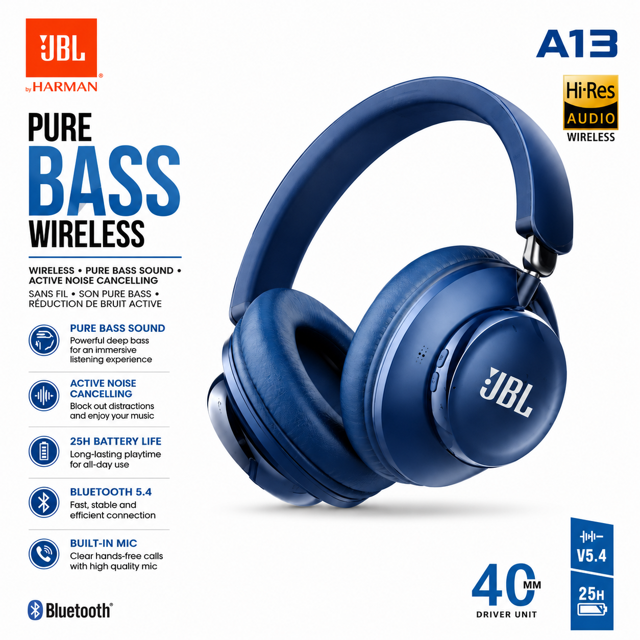 Premium Wireless Bluetooth Headphones | Pure Bass Sound | ANC | Hi-Res Audio | 25H Battery