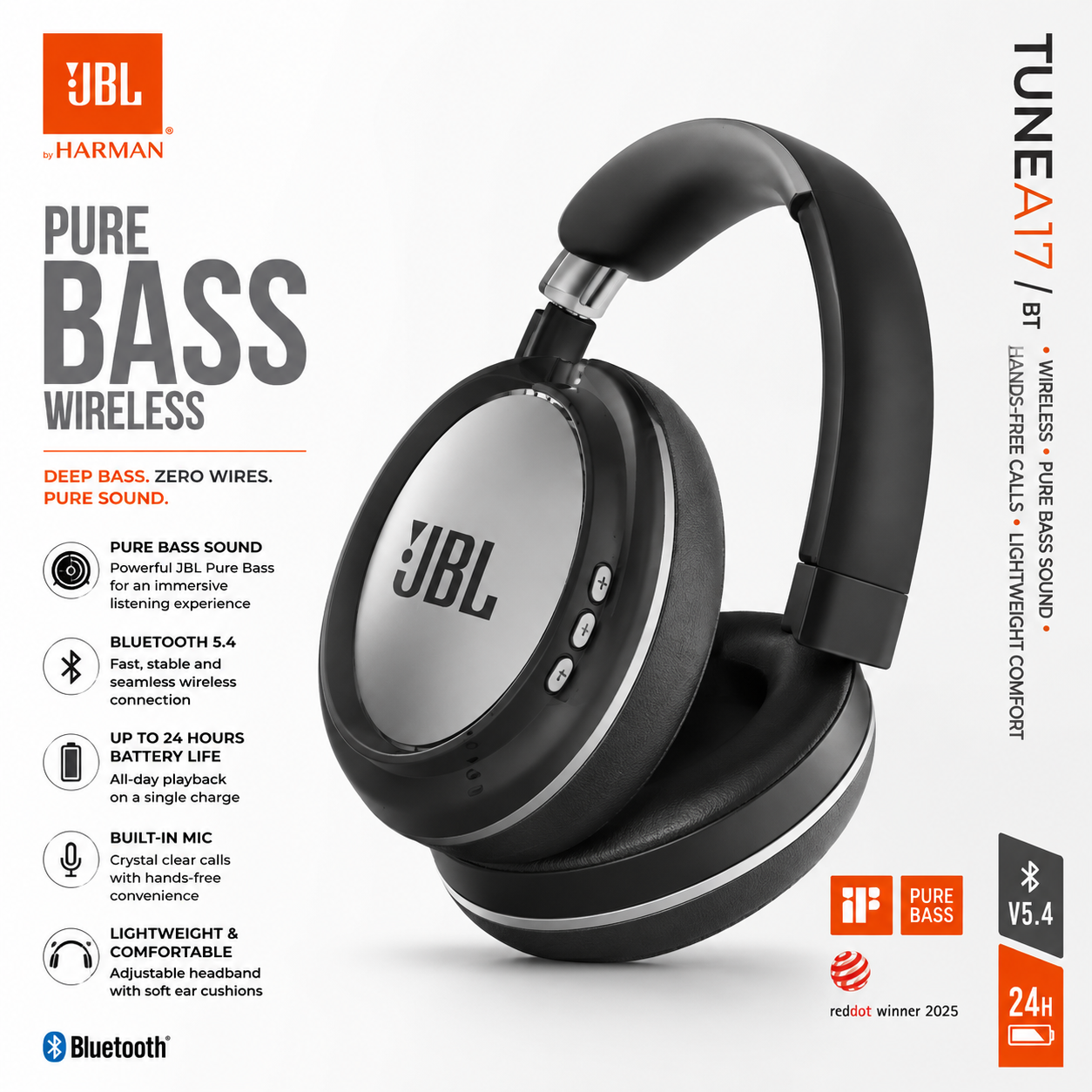 Premium Wireless Over-Ear Bluetooth Headphones | Pure Bass Sound | Bluetooth 5.4 | 24H Battery