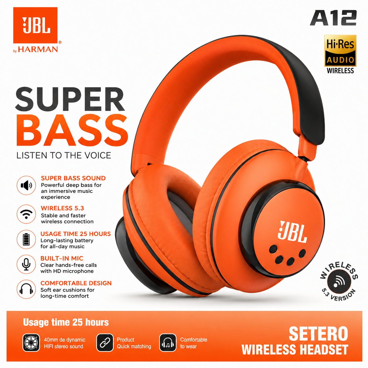 Premium Wireless Stereo Headphones | Super Bass | Hi-Res Audio | Bluetooth 5.3 | 25H Battery