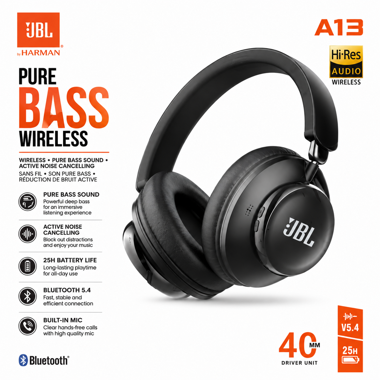 Premium Wireless Bluetooth Headphones | Pure Bass Sound | ANC | Hi-Res Audio | 25H Battery
