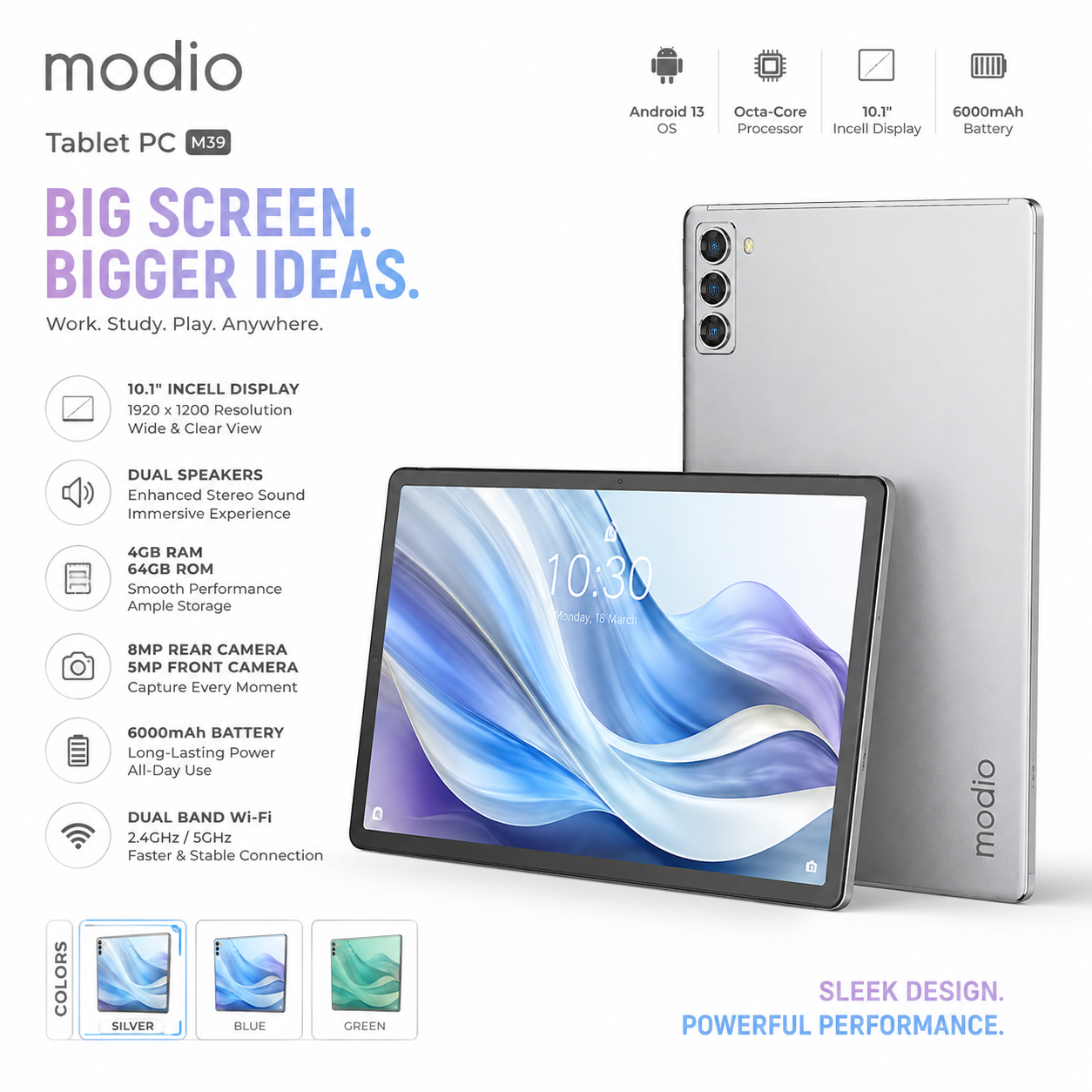 Modio M39 Tablet PC 10.1" Android 13 – 4GB RAM, 64GB ROM, Dual Camera, WiFi