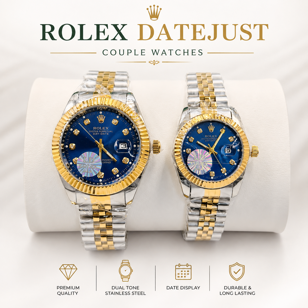 Luxury Couple Watches – Blue Diamond Dial | Premium Two-Tone Stainless Steel Set