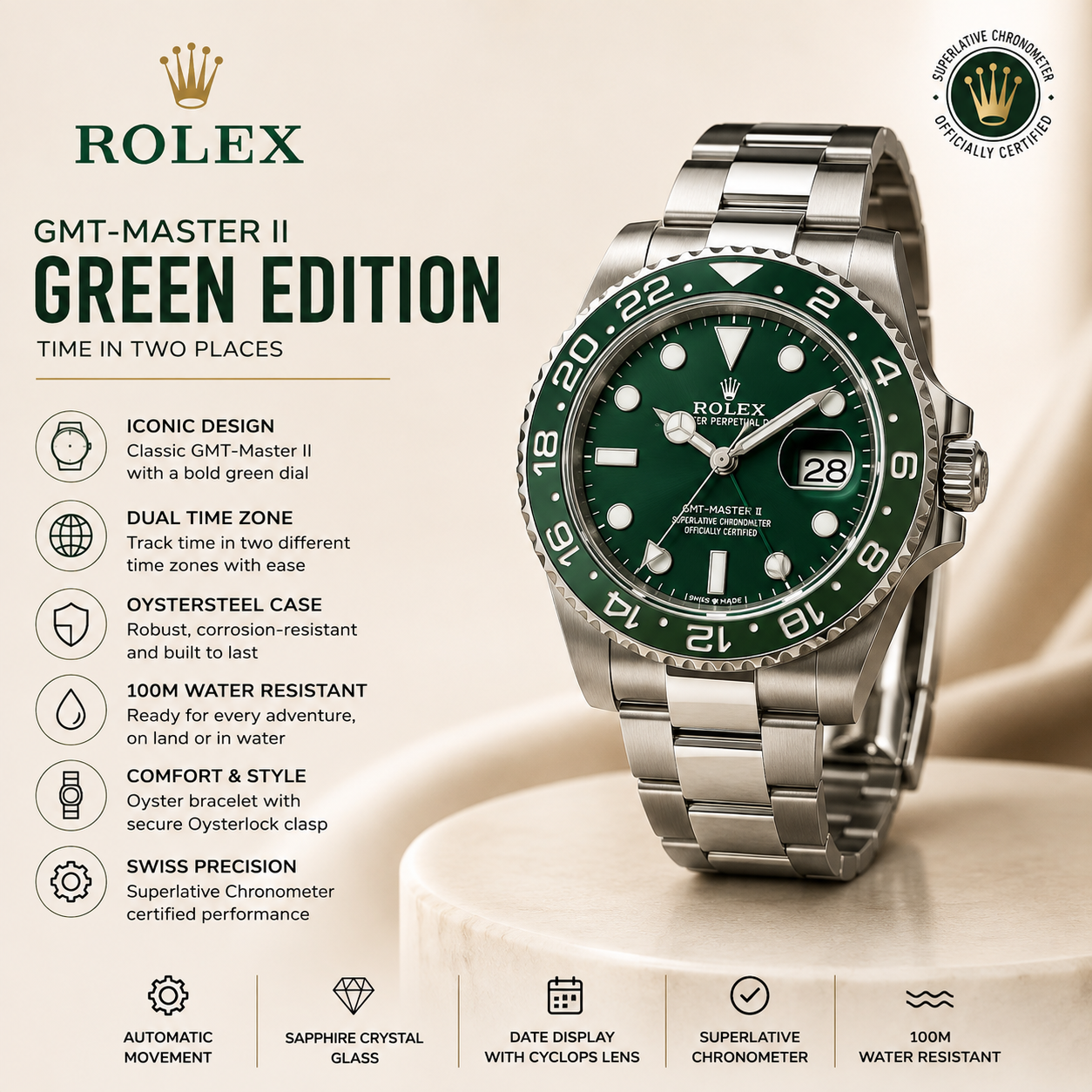 Green GMT-Style Luxury Automatic Watch – Premium Stainless Steel