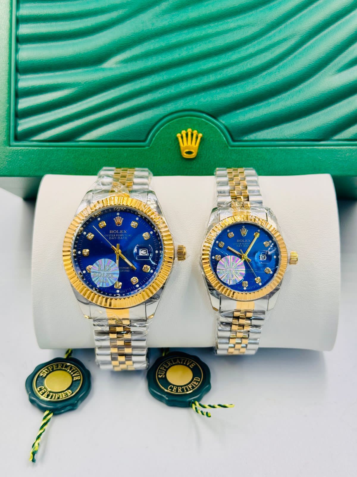 Luxury Couple Watches – Blue Diamond Dial | Premium Two-Tone Stainless Steel Set